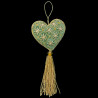 Green velvet heart embroidered with gold cascade of pearls