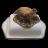 Majolica red partridge butter dish