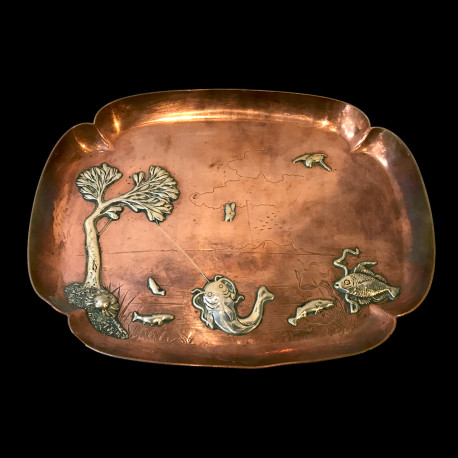 Plateau en cuivre Aesthetic mouvement avec motifs en argent appliqués Gorham US1880